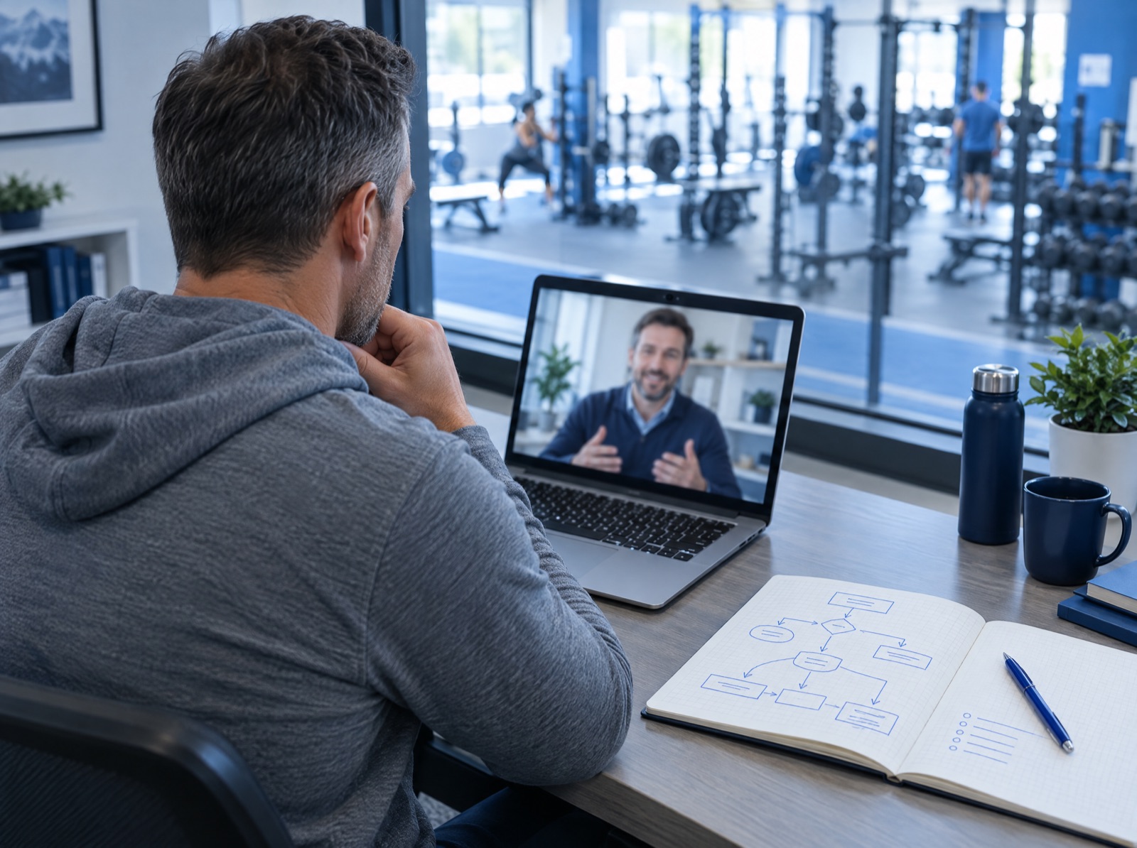 Gym owner on a video call with a consultant, notebook with a hand-drawn plan beside the laptop