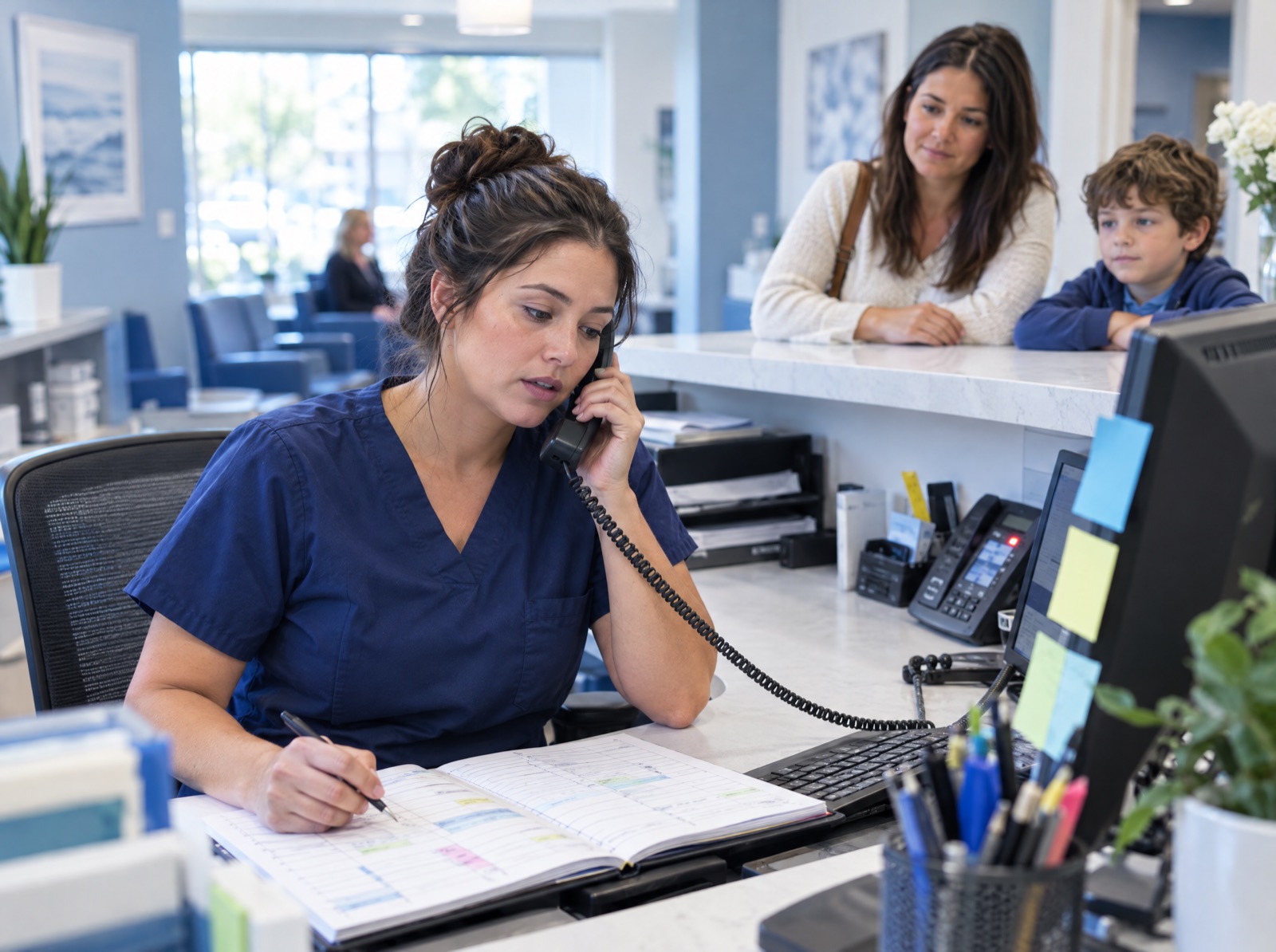 Busy dental receptionist on the phone with patients waiting at the counter