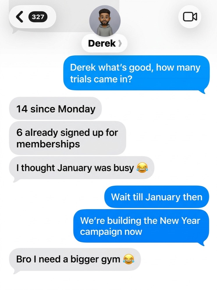 Text conversation with Derek, a gym owner, about trial sign-ups