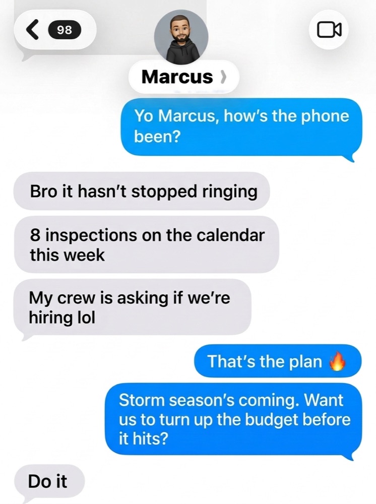 Text conversation with Marcus, a contractor, about booked inspections